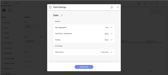 Click the Date field you dragged over to change the date aggregation from year to month