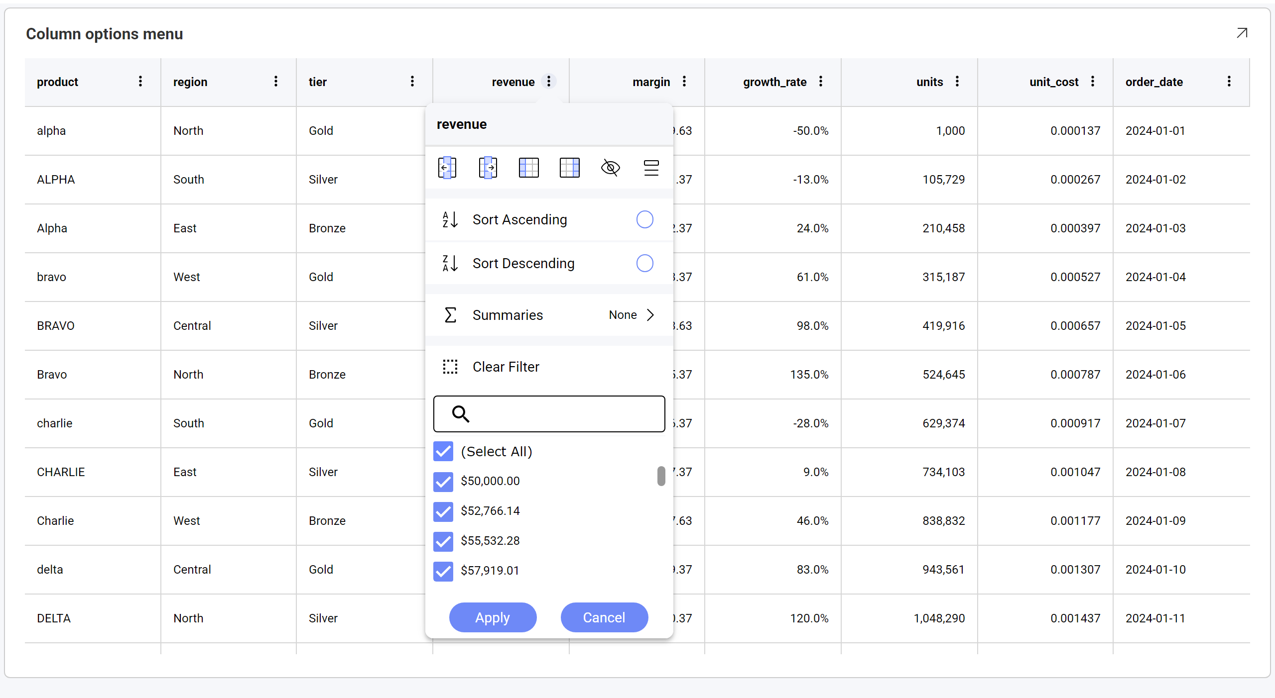The Data Grid column options menu open on a column header