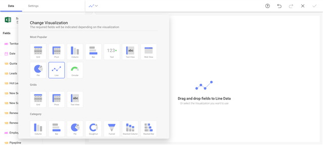 Select line chart from the visualization list in Reveal 